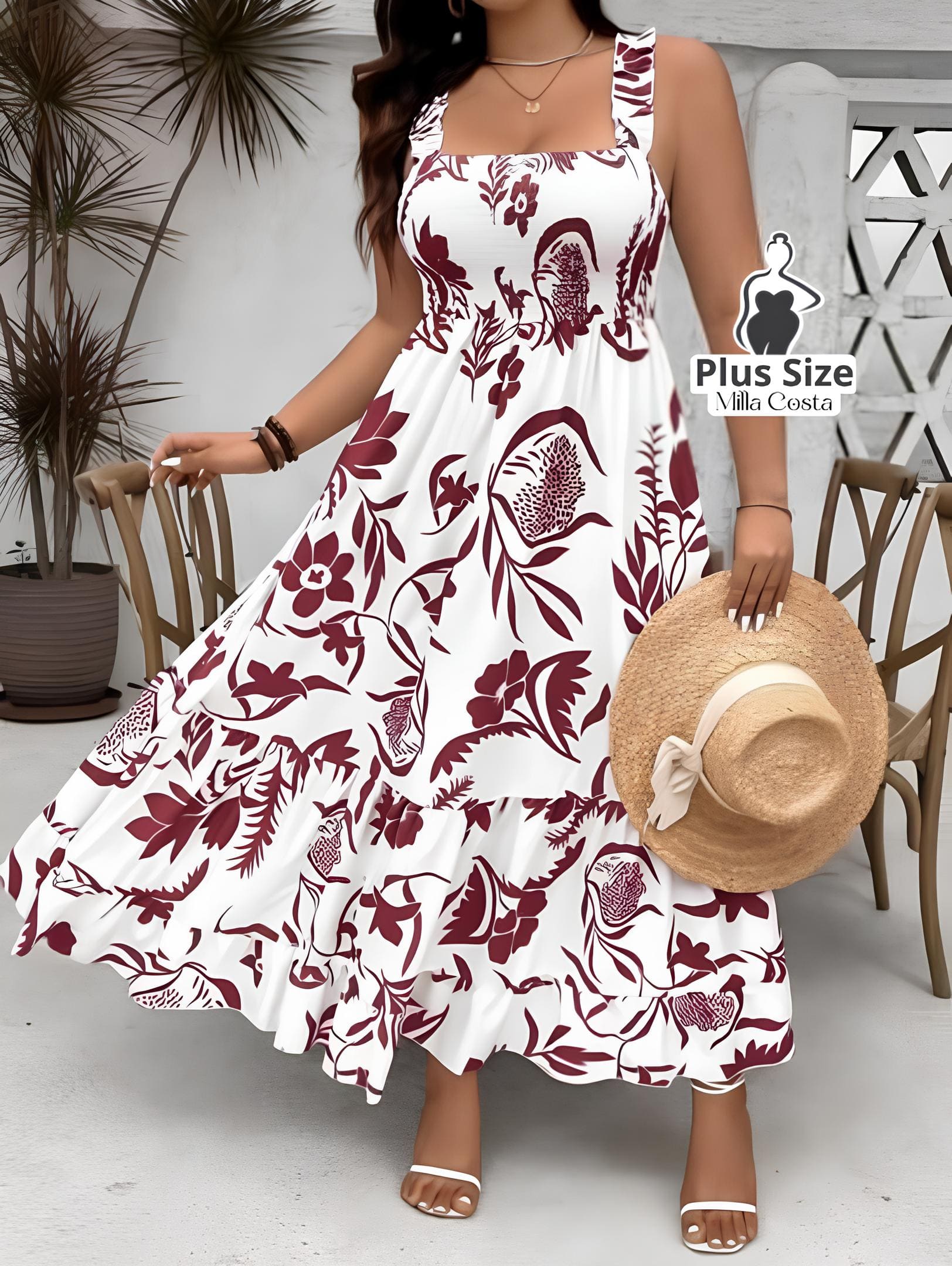 Vestido Longo Estampado com Lastex e Alças Largas Plus Size