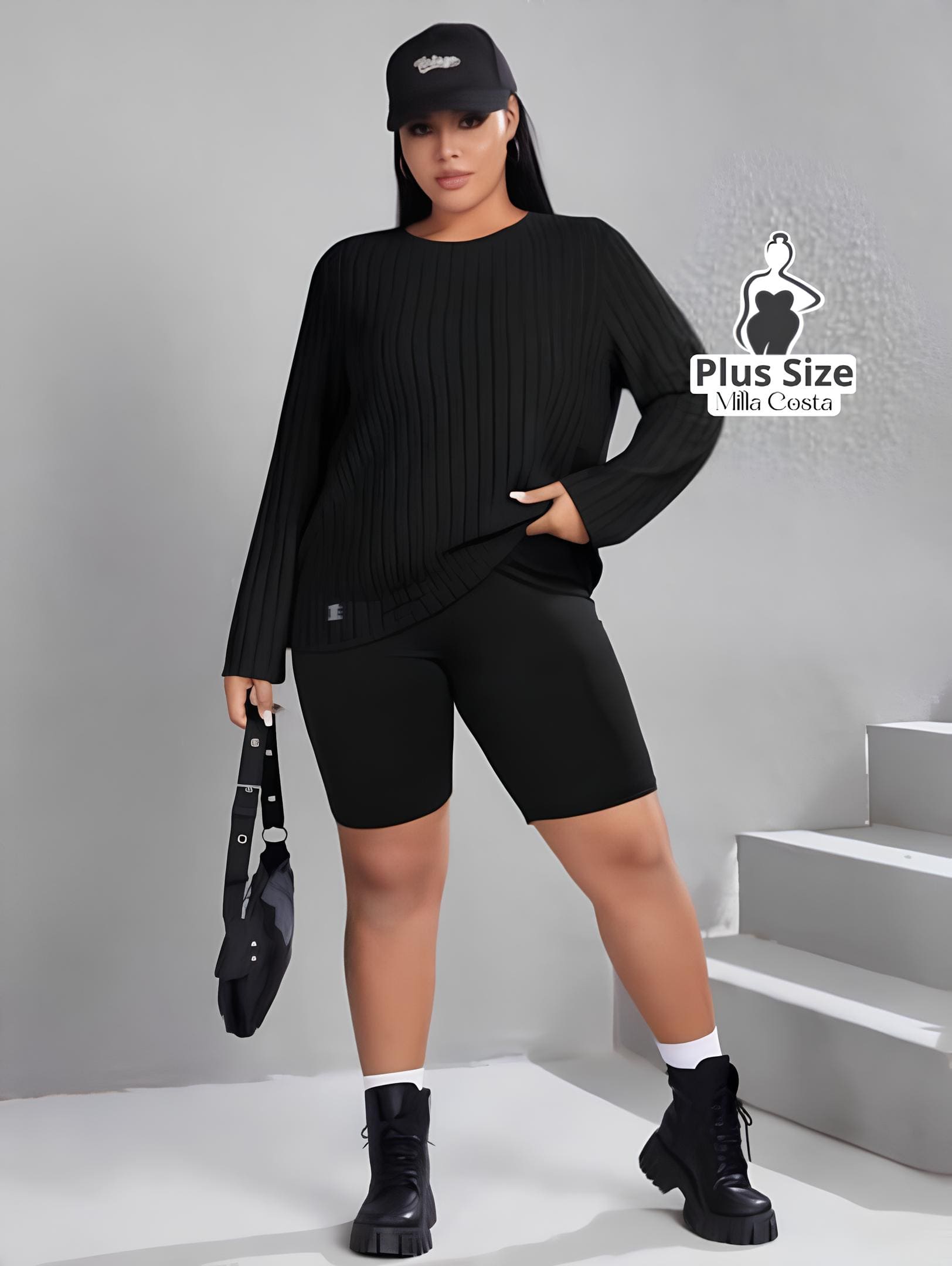 Blusa Canelada Casual Com Manga Longa Plus Size