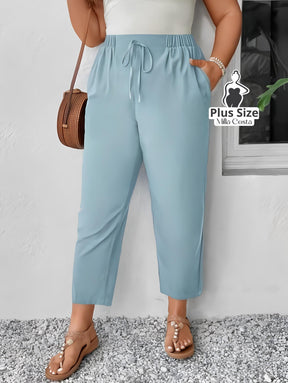 Calça de Cintura Alta Com Cordão Ajustável Plus Size