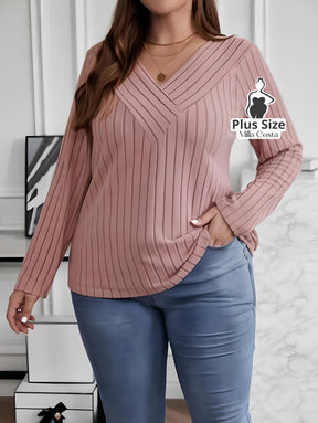 Blusa de Tricô Com Decote V e Detalhe Em Linhas Plus Size