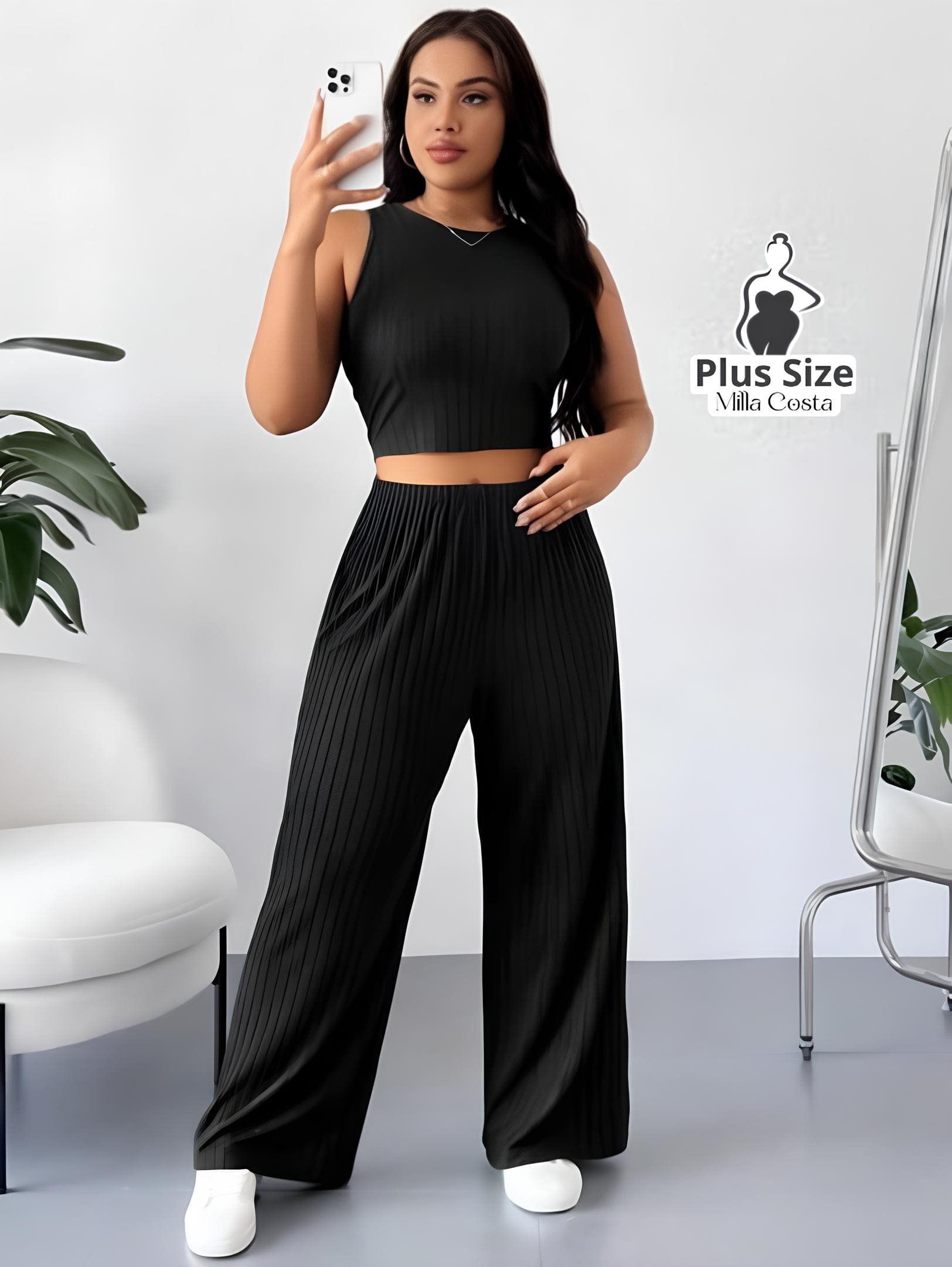 Conjunto Elegante Com Top Cropped e Calça Flare Texturizada Plus Size