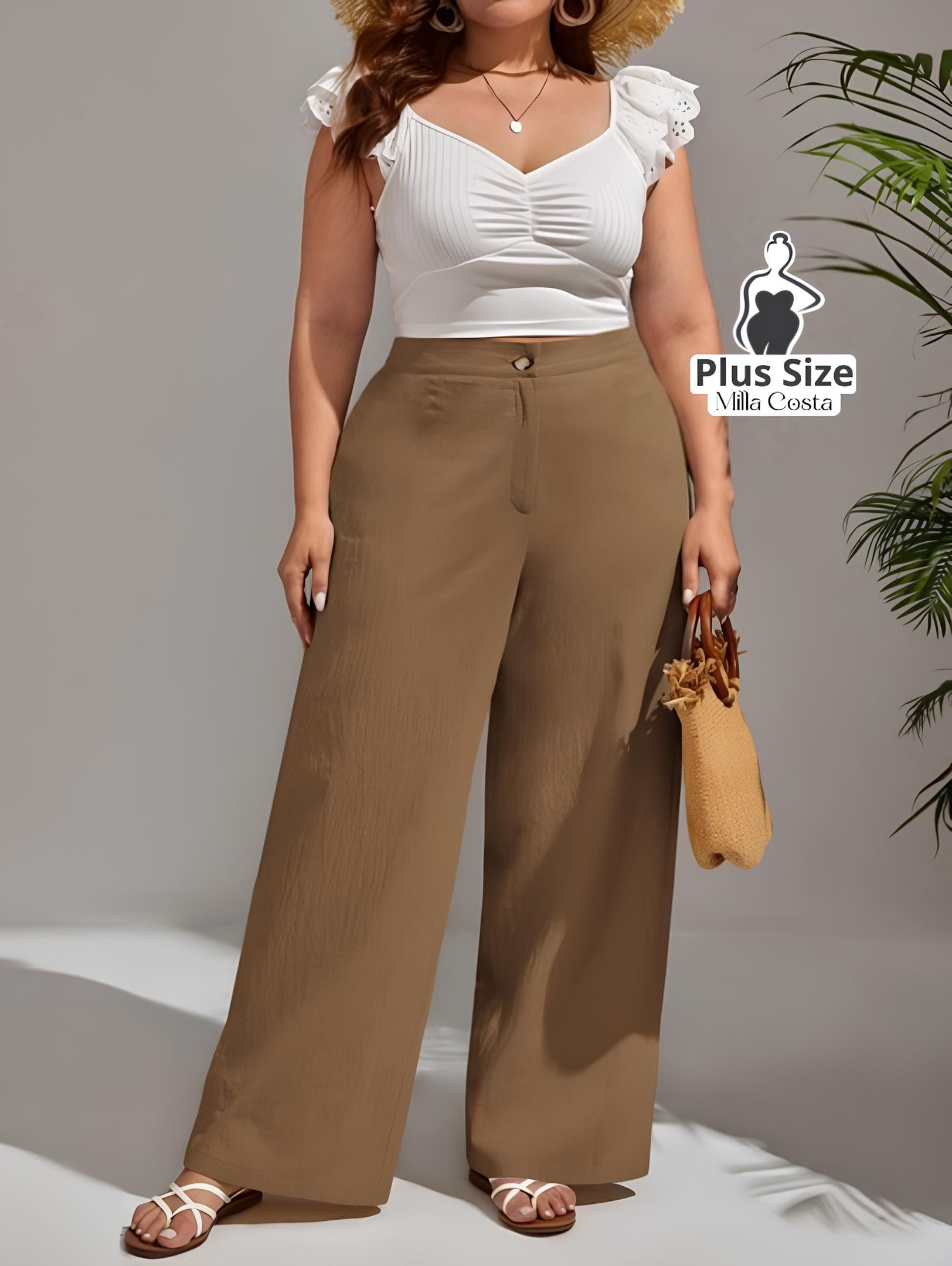 Calça Pantalona de Linho Com Fechamento Frontal Plus Size