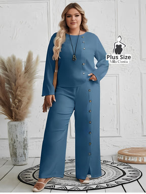 Conjunto Feminino de Blusa e Calça Com Detalhes de Botões Plus Size