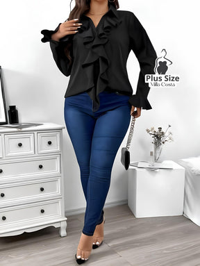 Blusa Com Babados e Design Sofisticado Plus Size