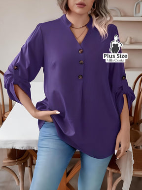 Blusa Feminina Com Botões e Manga 3/4 Casual Elegante Plus Size