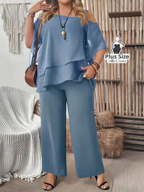 Conjunto Feminino de Blusa com Camadas e Calça Pantalona Plus Size