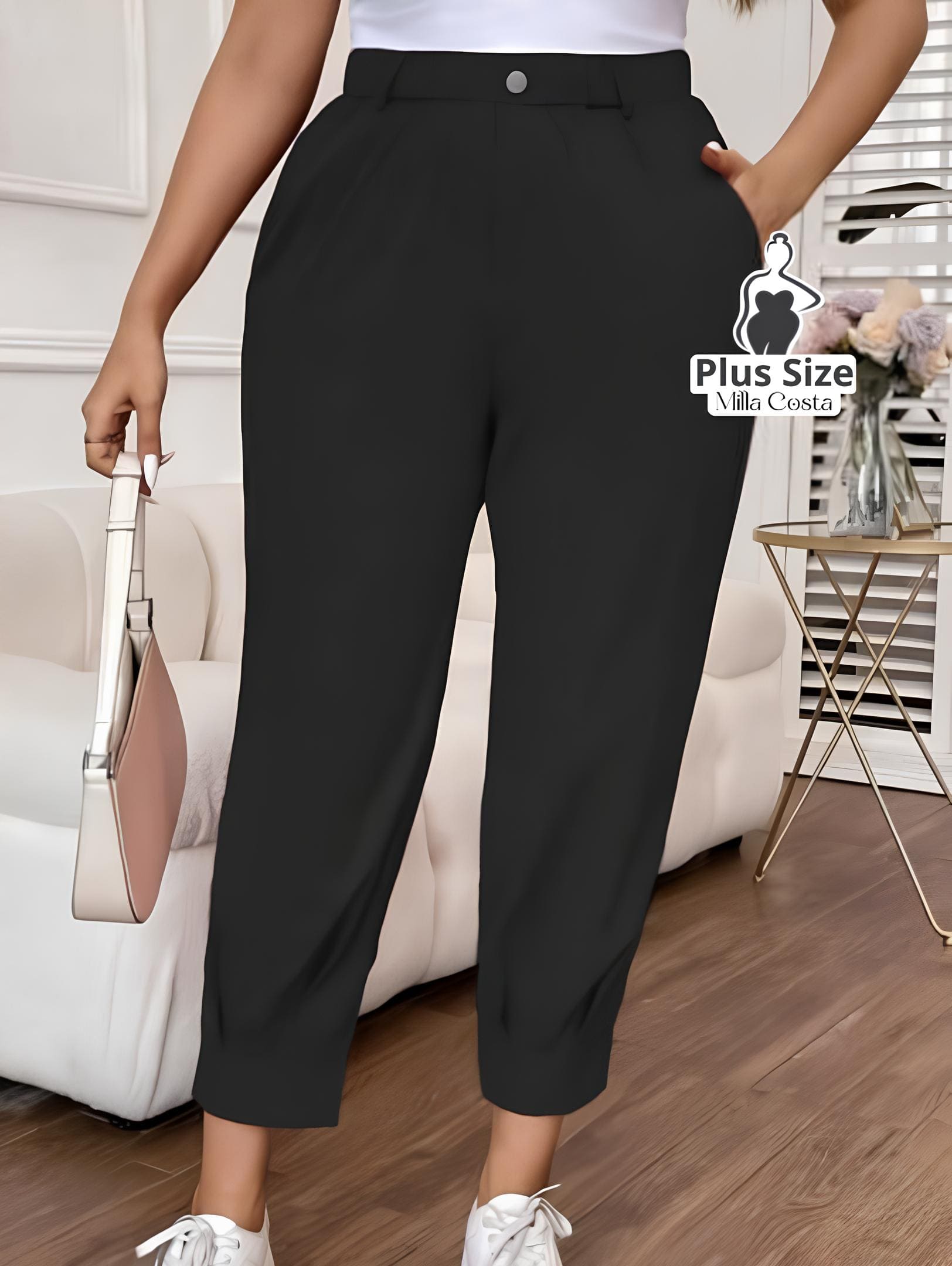 Calça Cintura Alta com Detalhe Moderno Plus Size