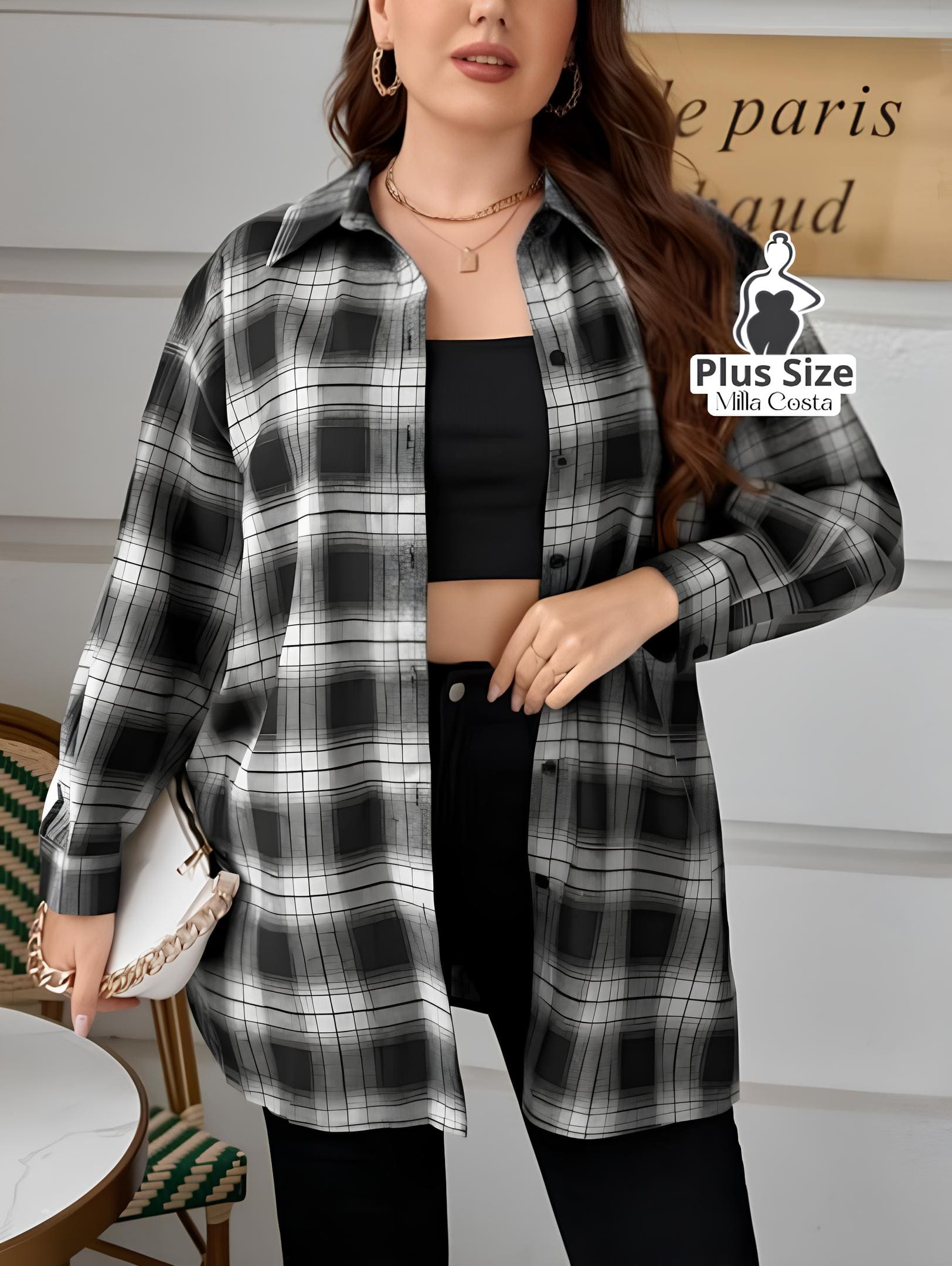 Camisa Xadrez de Manga Longa Estilo Casual Plus Size