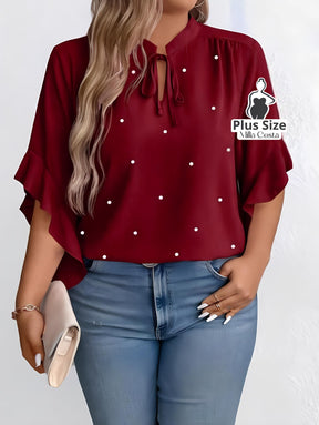 Blusa com Detalhe de Pérolas e Mangas Com Babados Plus Size