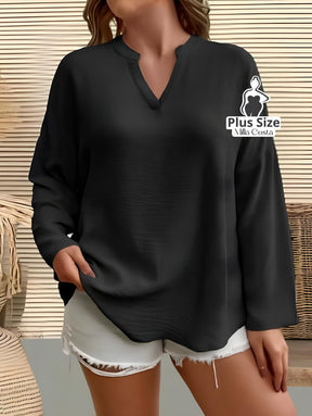 Blusa Casual de Manga Longa e Tecido Leve Plus Size