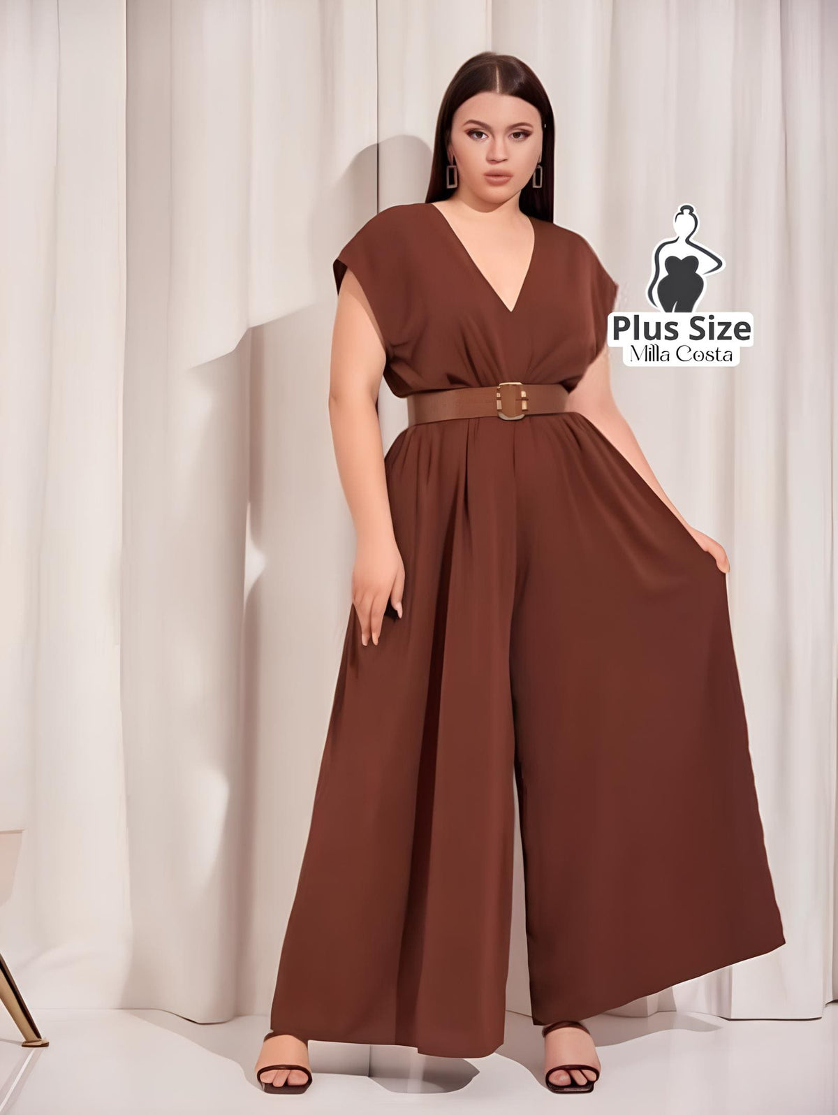 Macacão De Corte Elegante Com Decote V Plus Size