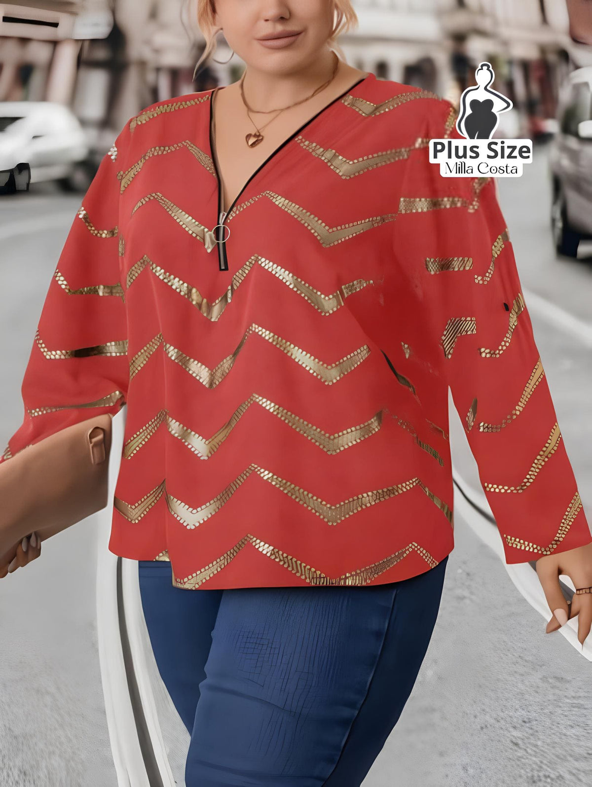 Blusa com Estampa Chevron e Decote em Zíper Plus Size