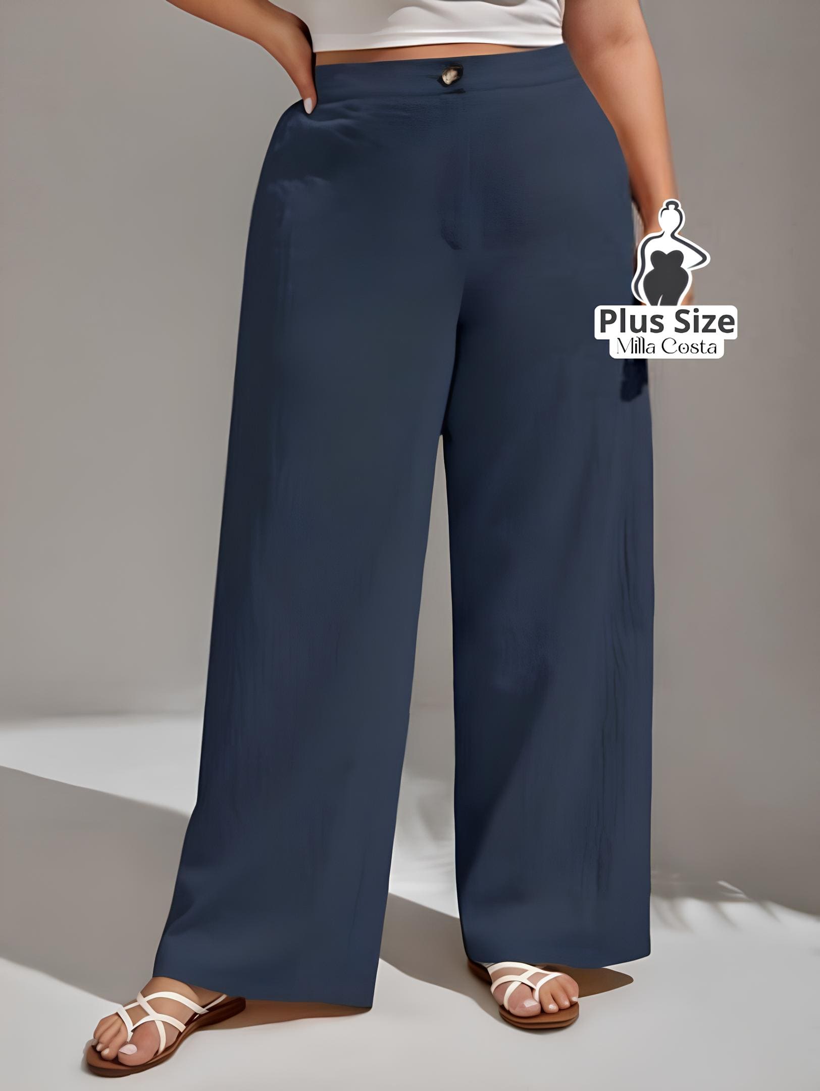 Calça Pantalona de Linho Com Fechamento Frontal Plus Size