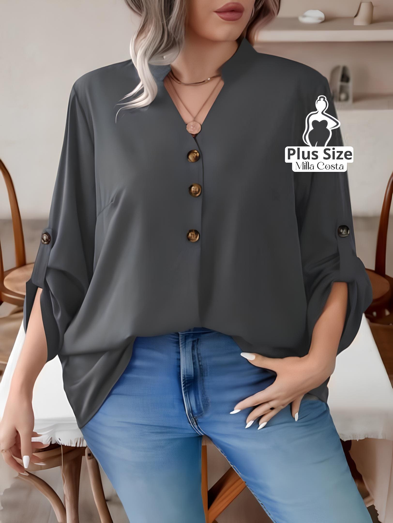 Blusa Feminina Com Botões e Manga 3/4 Casual Elegante Plus Size