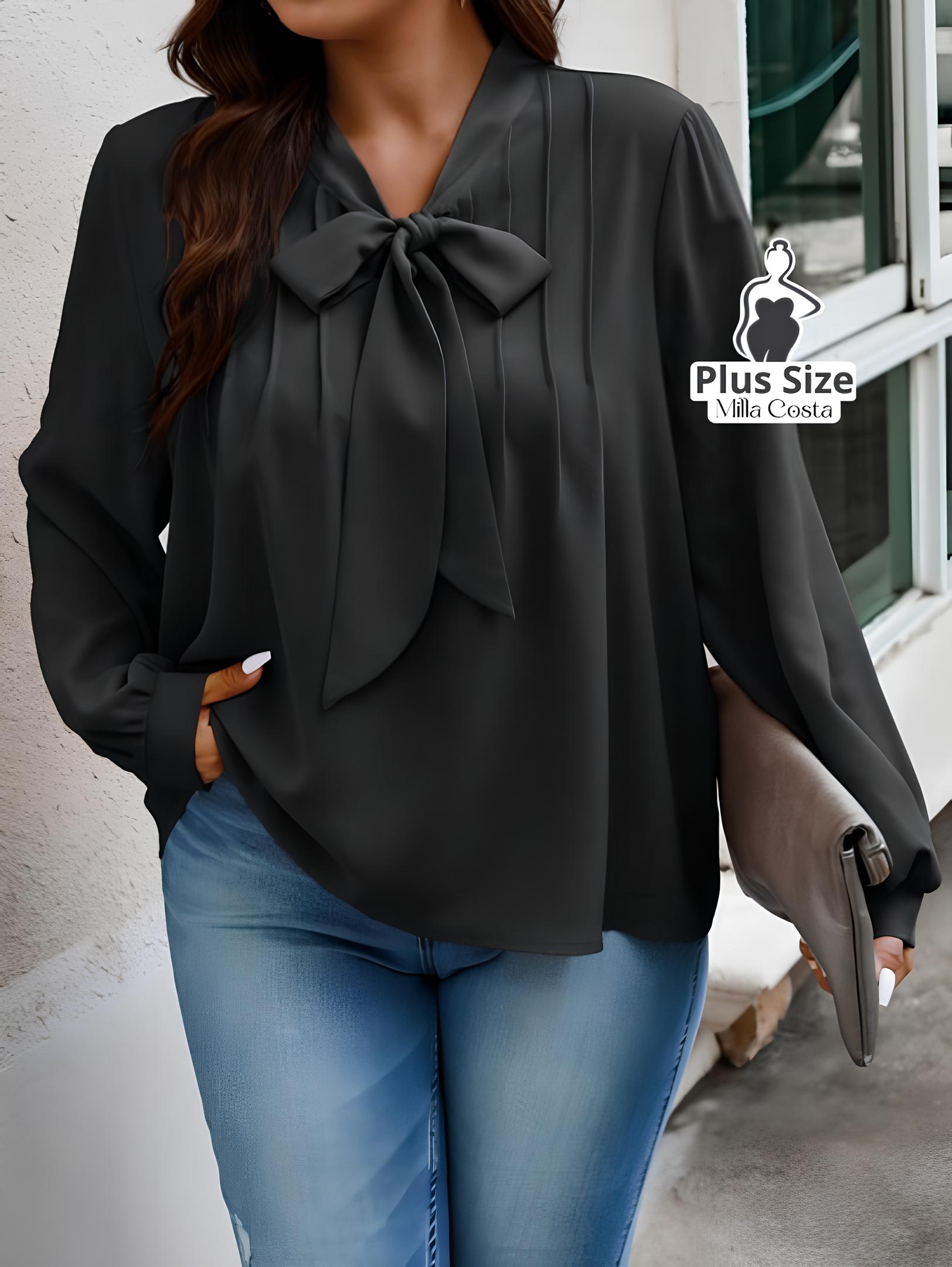 Blusa Com Laço e Manga Longa Elegante Plus Size