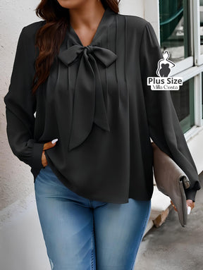 Blusa Com Laço e Manga Longa Elegante Plus Size