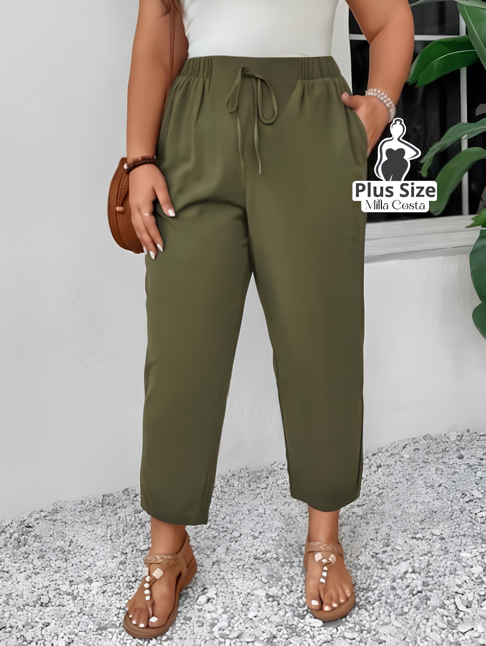 Calça de Cintura Alta Com Cordão Ajustável Plus Size