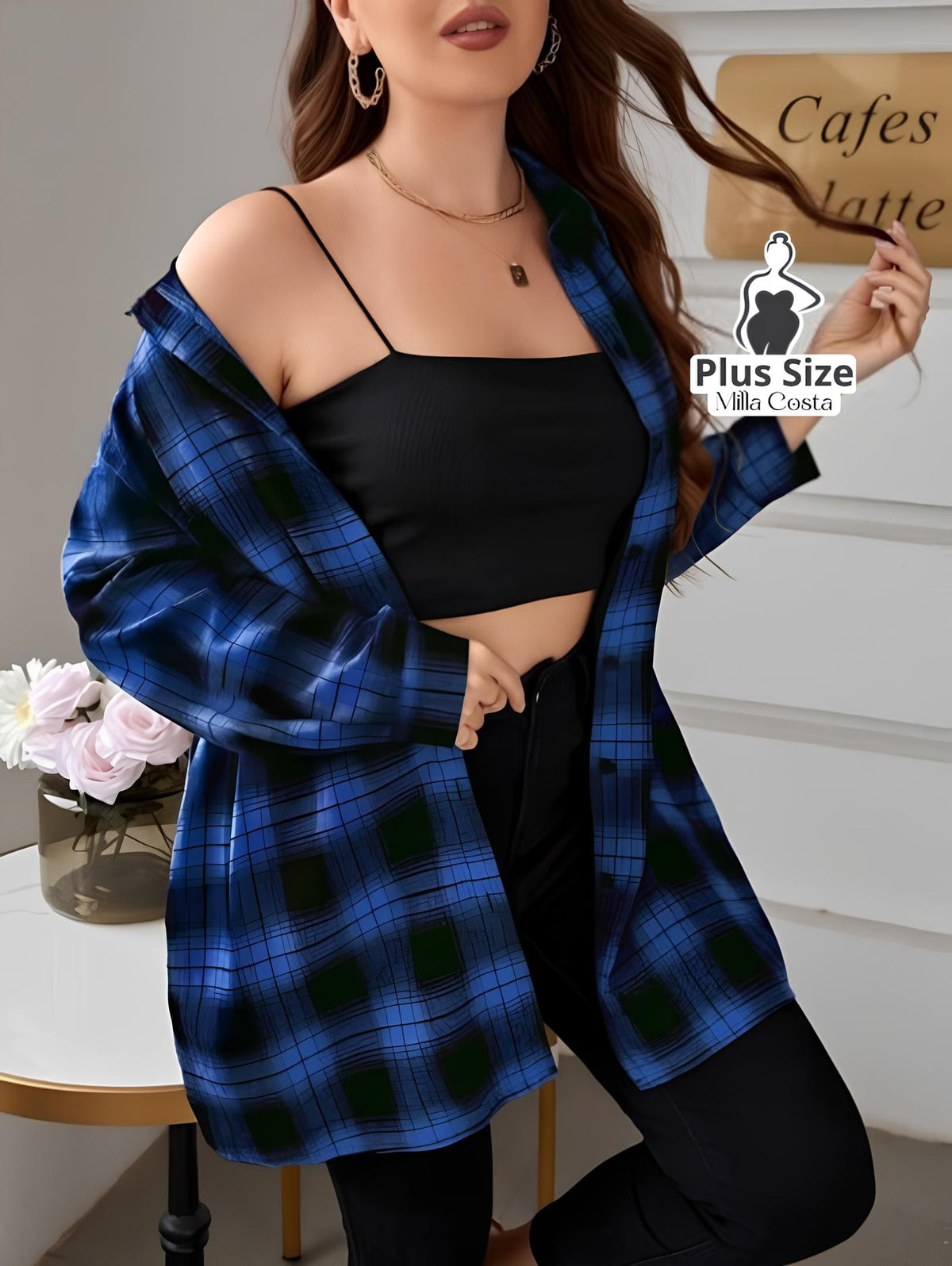 Camisa Xadrez de Manga Longa Estilo Casual Plus Size