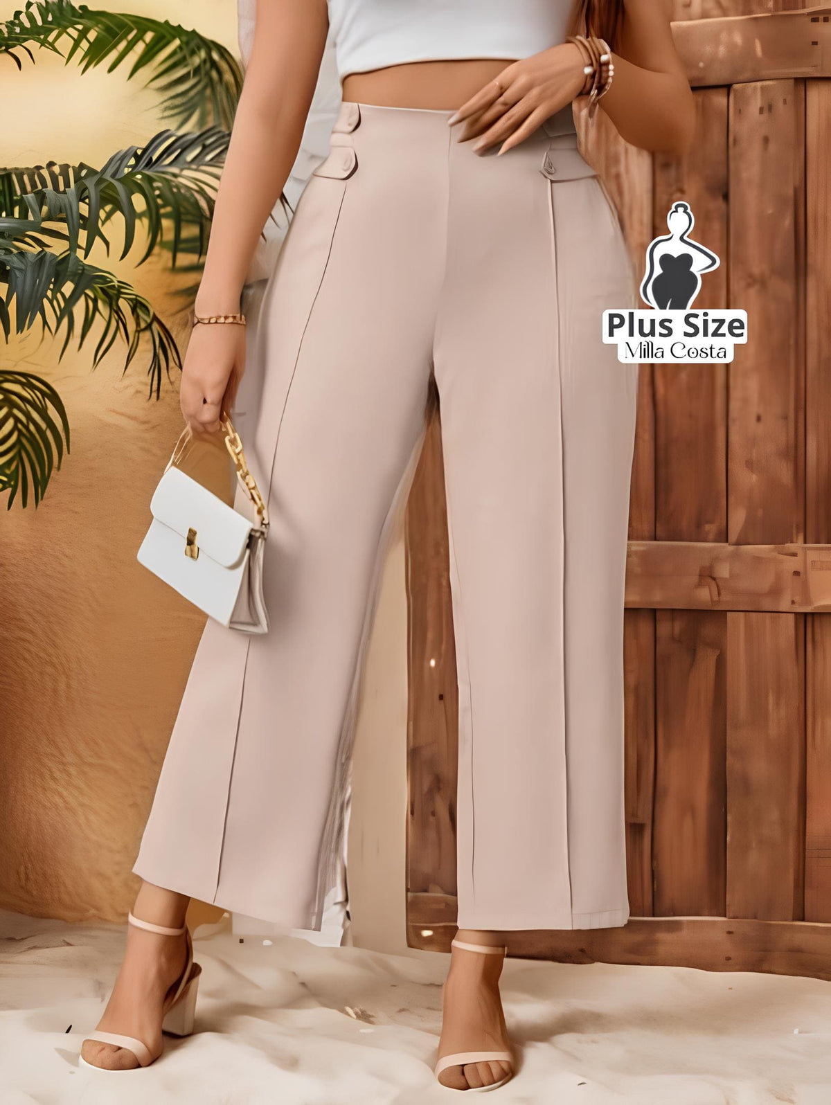 Calça Reta De Alfaiataria Bege Plus Size