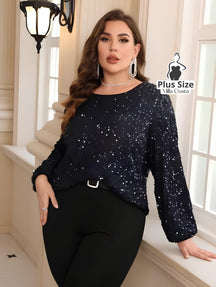 Blusa de Paetês Com Mangas Longas Elegante Plus Size