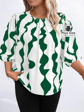 Blusa Com Estampa Geométrica e Mangas 3/4 Plus Size