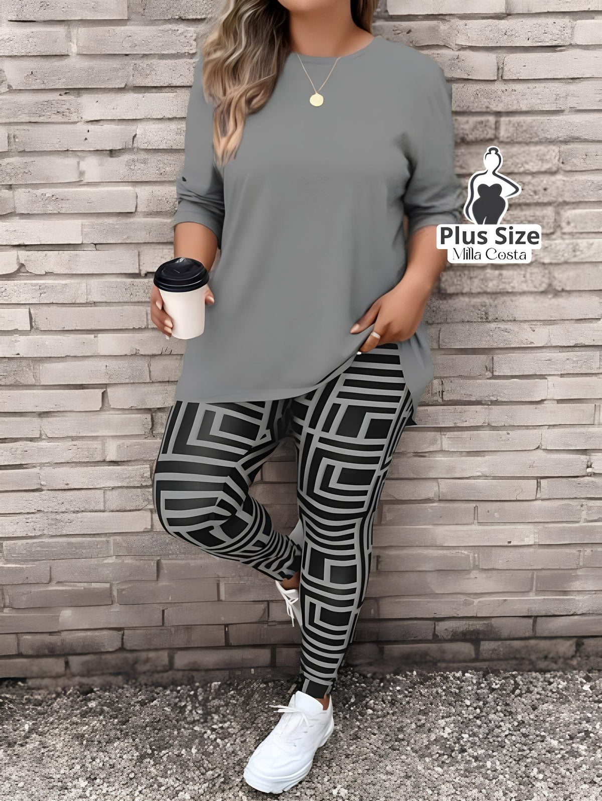 Conjunto de Blusa Longa e Legging Estampada Geométrica Plus Size