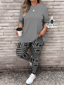 Conjunto de Blusa Longa e Legging Estampada Geométrica Plus Size