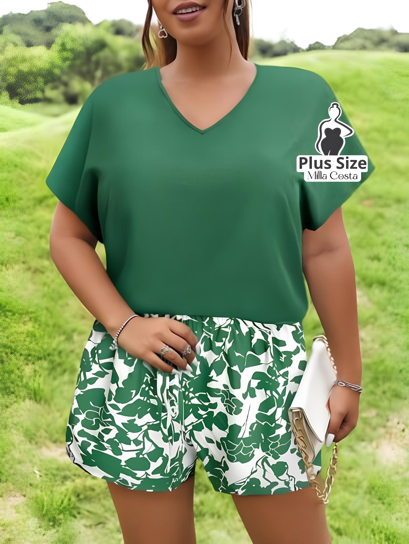 Conjunto Casual De Blusa Solta E Short Estampado Plus Size