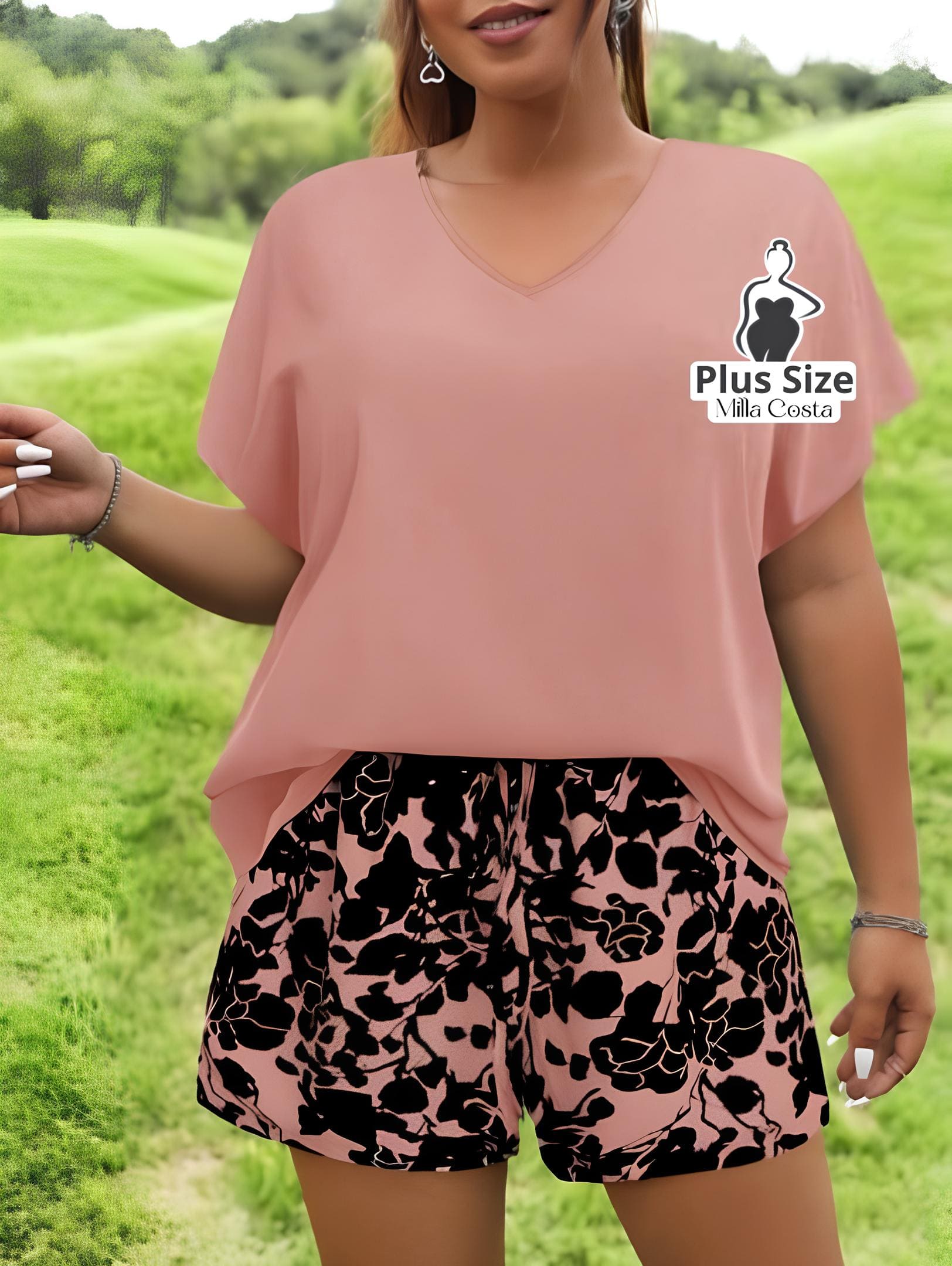 Conjunto Casual De Blusa Solta E Short Estampado Plus Size