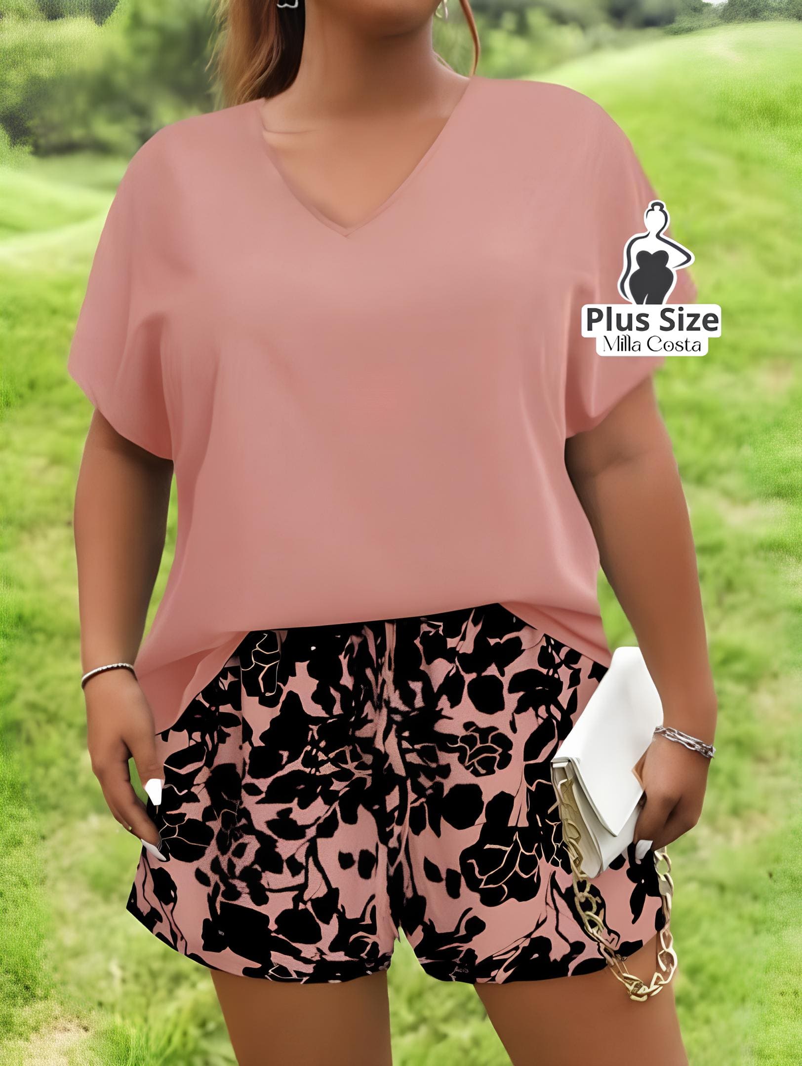 Conjunto Casual De Blusa Solta E Short Estampado Plus Size