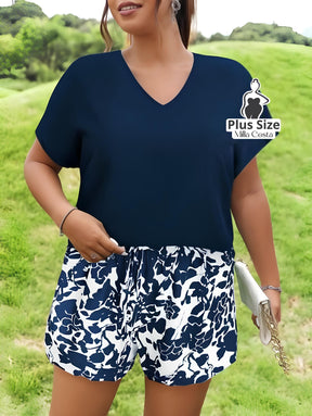 Conjunto Casual De Blusa Solta E Short Estampado Plus Size