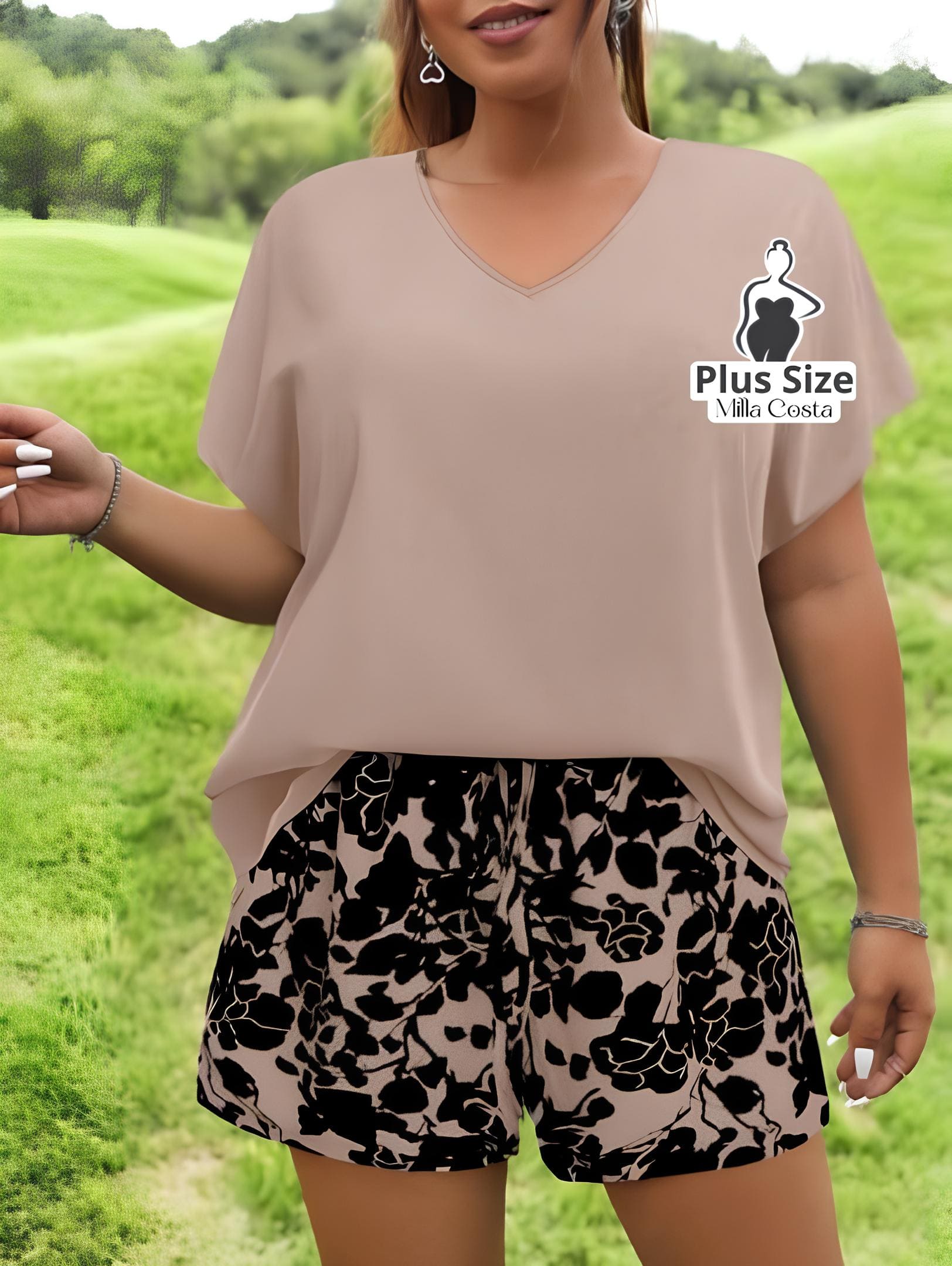 Conjunto Casual De Blusa Solta E Short Estampado Plus Size