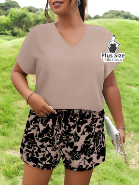 Conjunto Casual De Blusa Solta E Short Estampado Plus Size